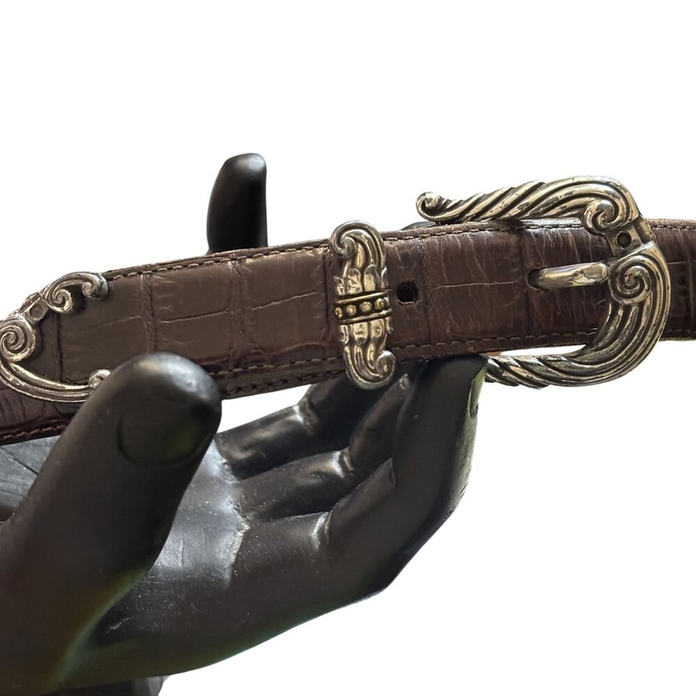 Vintage Brighton Brown Croc-Embossed Leather Belt With Ornate Silver Buckle  Men - Picture 2 of 12